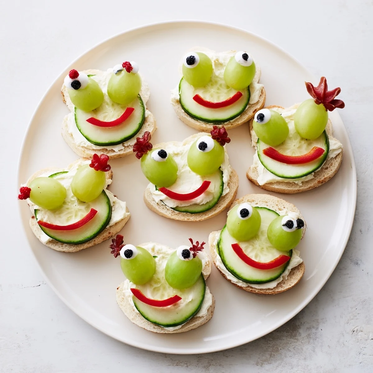 Prince Charming Froggy Sandwich cutouts: cheerful, green sandwiches with grape eyes and tomato cheeks ready to eat.