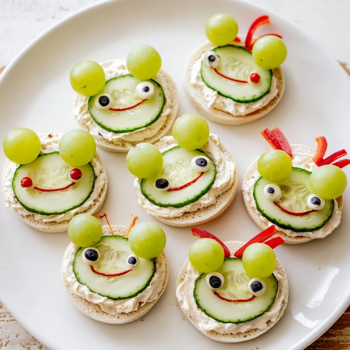 These kid-friendly Prince Charming Froggy Sandwich cutouts feature creamy filling, cucumber, and colorful radish accents.