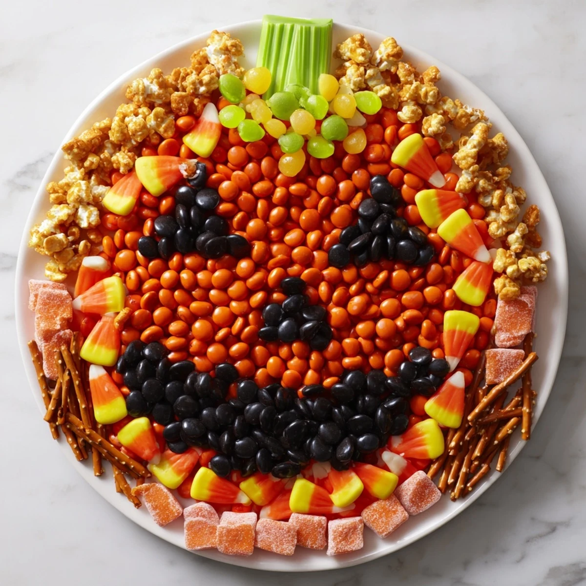 This Jack-o-Lantern Candy Board displays orange candies with a festive green stem and adorable licorice features.