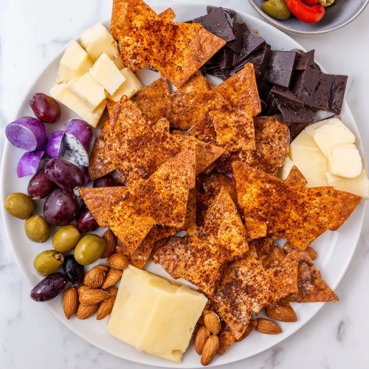 A festive Bat Halloween Board featuring crispy bat tortilla chips, colorful fruits, and savory dips.