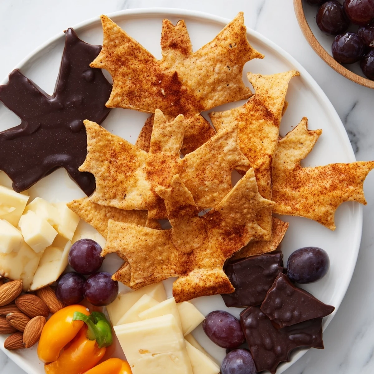 Delicious arrangement of snacks on a Spooky Night Bat Halloween Board, perfect for your Halloween party.