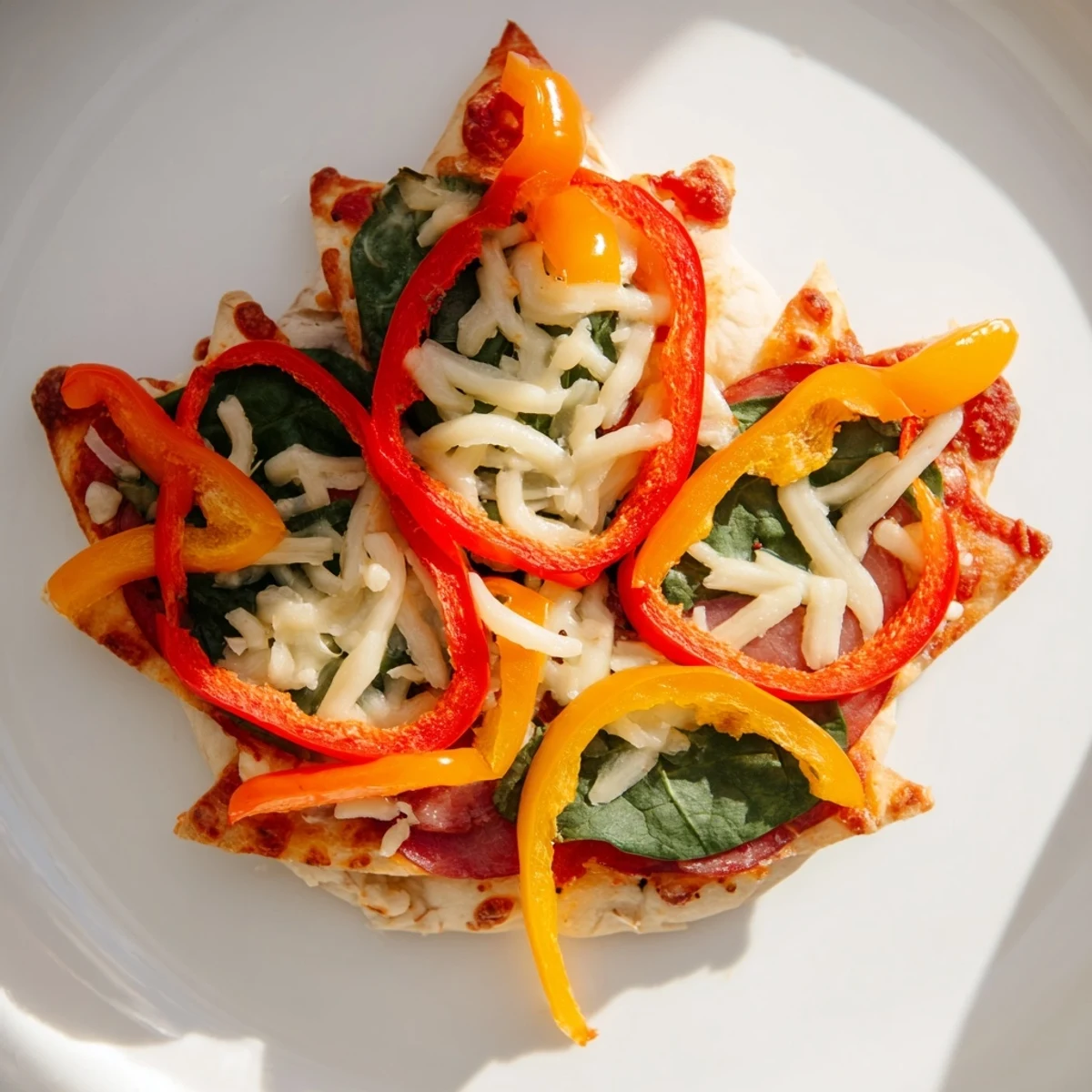 Golden, bubbly Fall Foliage Maple Leaf Mini Pizzas bursting with colorful pepper toppings and melted cheese.