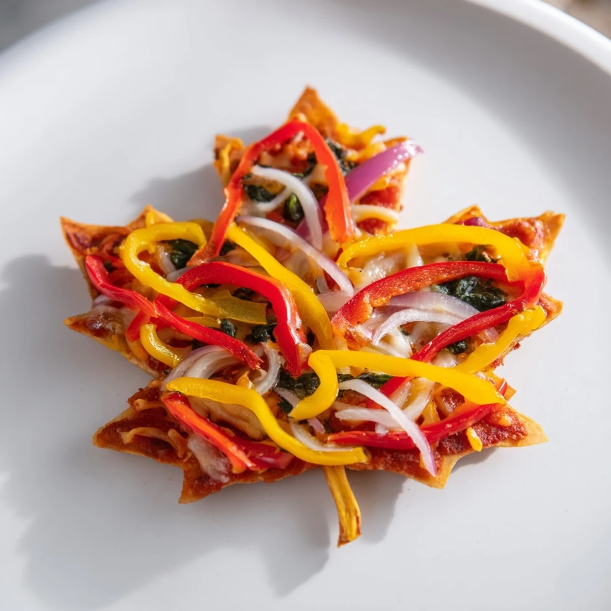 Vibrant Fall Foliage Maple Leaf Mini Pizzas featuring a sweet maple glaze and autumn-inspired veggie toppings.