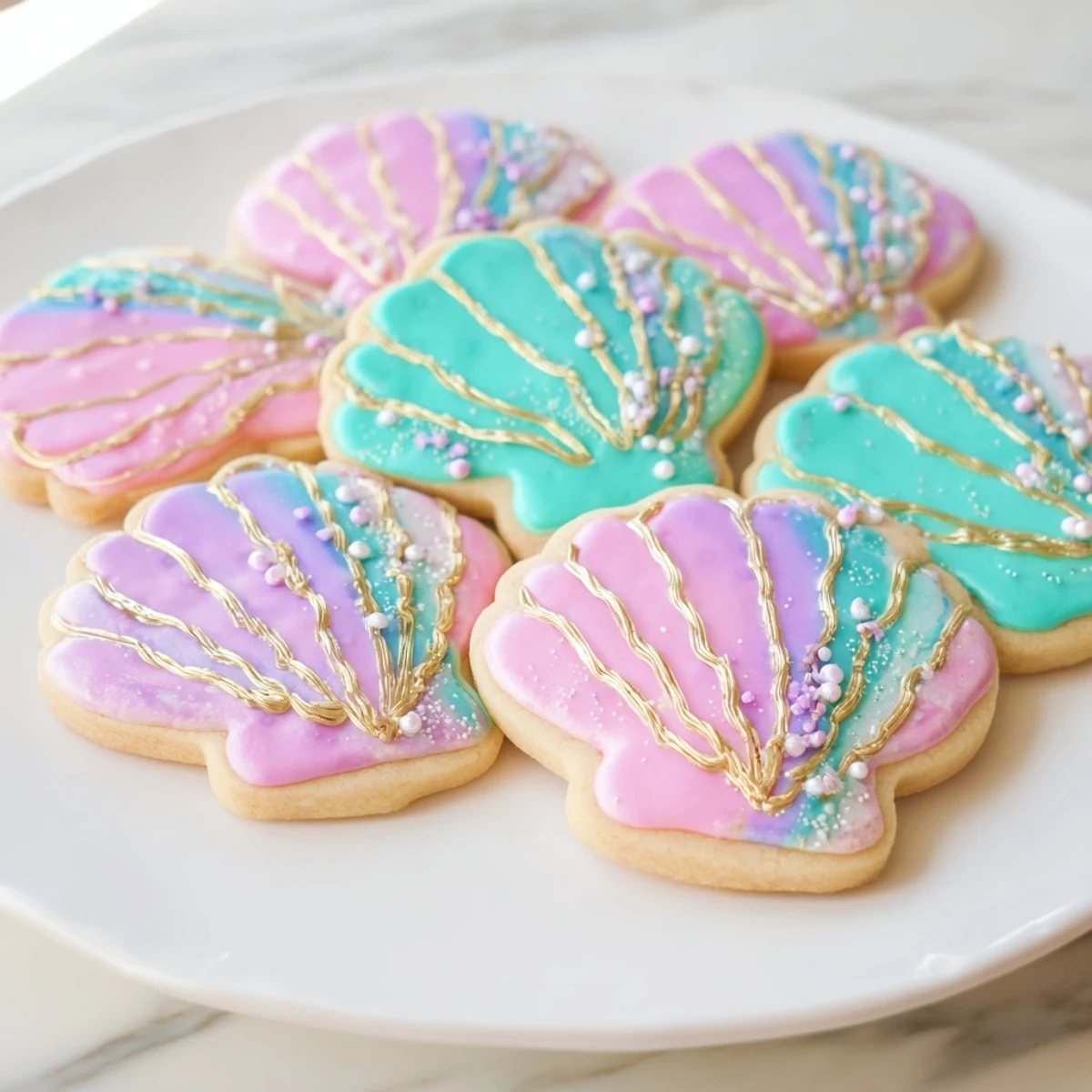 Vibrant pastel Seashell Sweets, sugar cookies shimmering with edible pearls ready for a mermaid party.