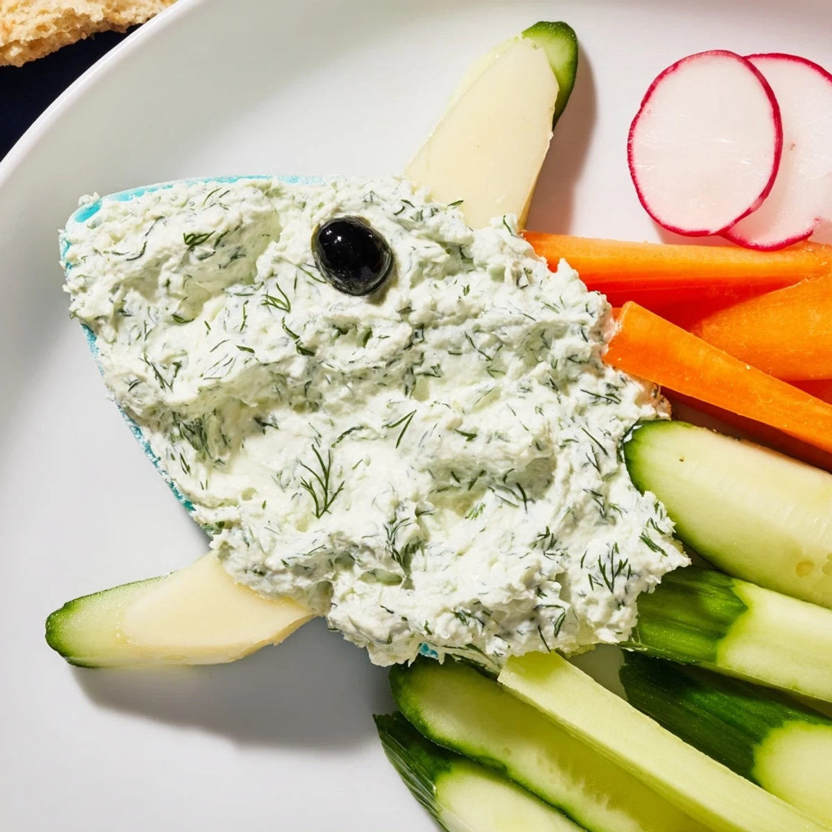 Ocean Blue Fish-Shaped Dip Tray: a whimsical appetizer with colorful vegetables and creamy dips arranged like a fish.