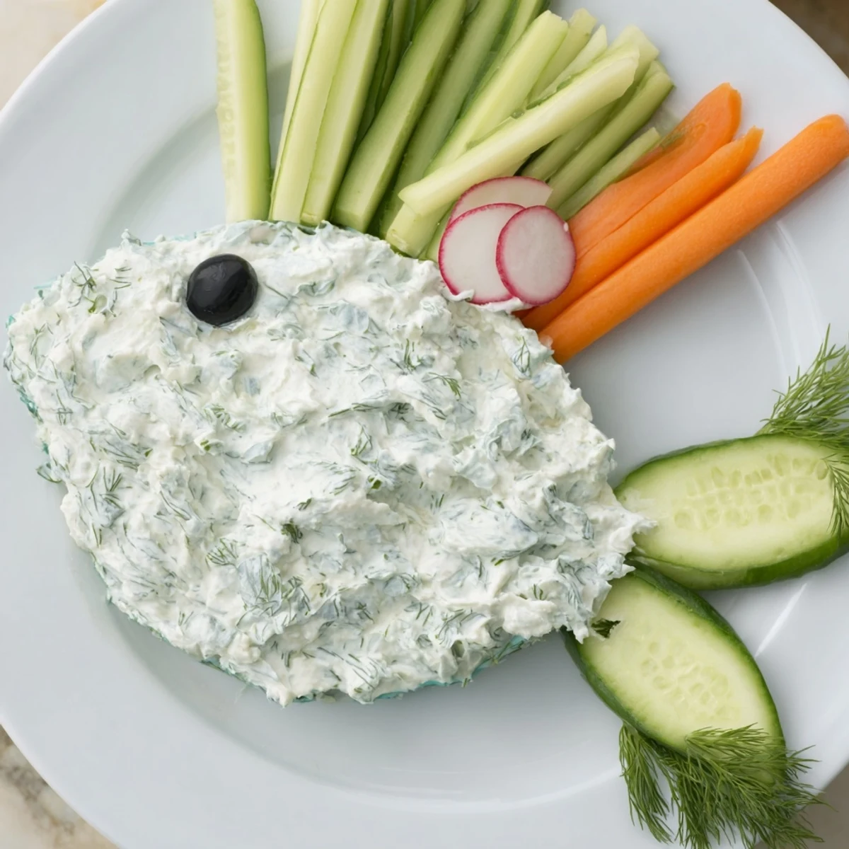 A visually stunning Ocean Blue Fish-Shaped Dip Tray, with vibrant veggies surrounding herbed and blue ranch dips.