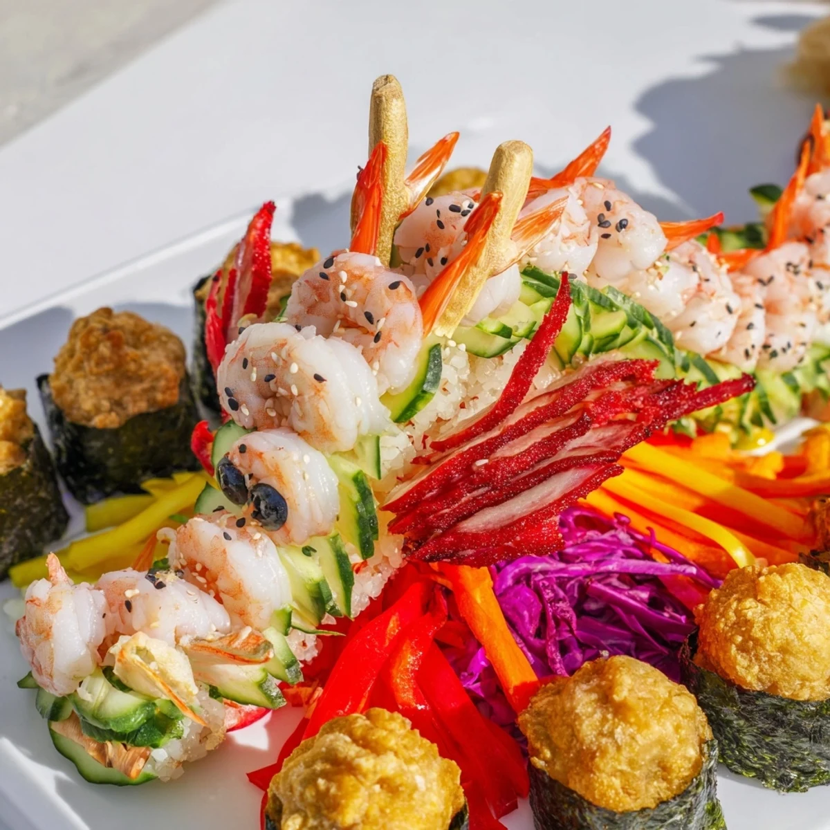 Vibrant Mighty Dragon Lunar New Year Board with shrimp, char siu pork, and colorful veggie scales ready to enjoy.