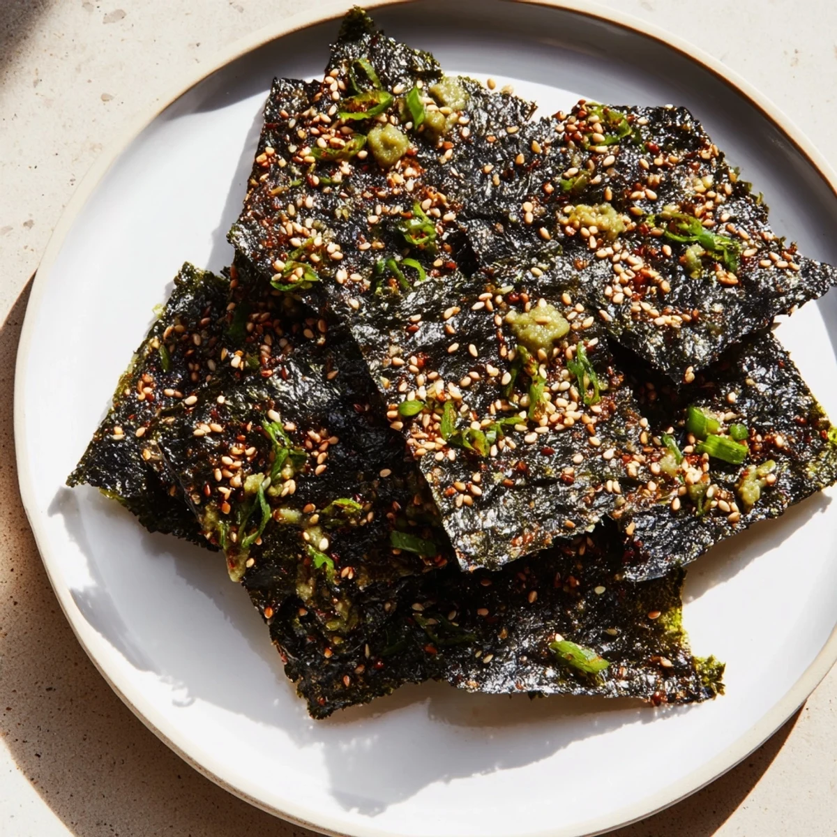 Golden brown Snacks de Vague Surf, perfectly crispy seaweed bites, ready to enjoy as a flavorful snack.