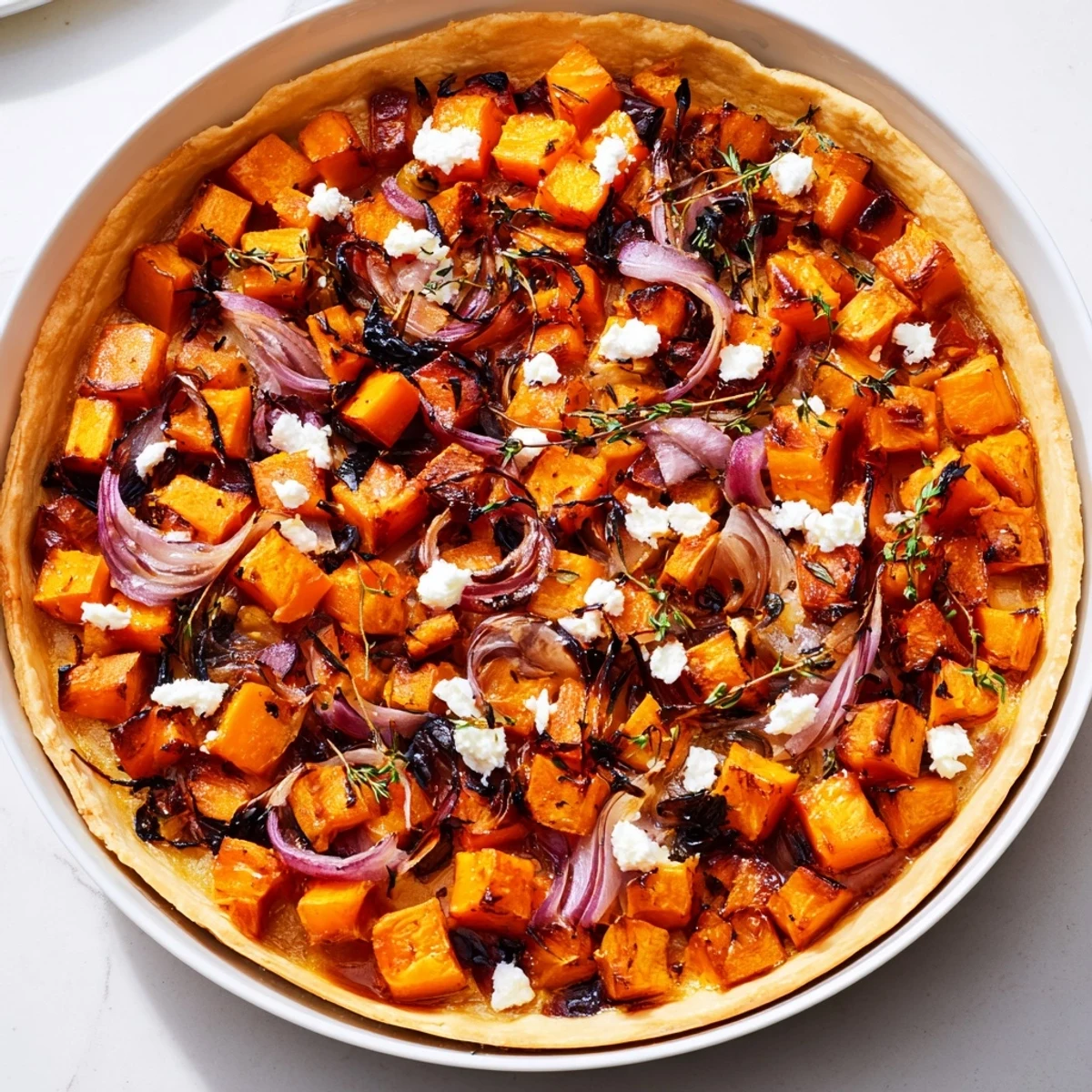 Golden, flaky Feuille dÉrable Tartes Salées dAutomne, garnished with fresh thyme, ready to be served.