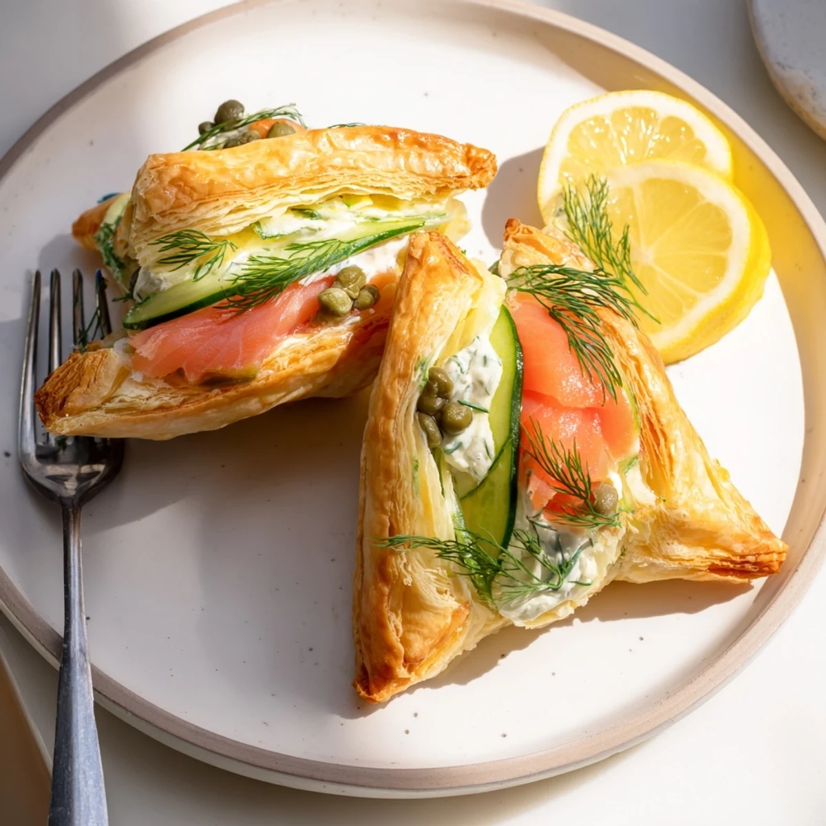 Golden puff pastry Étoiles Filantes Assiette de Fin d'Année with smoked salmon and fresh herbs, very inviting.