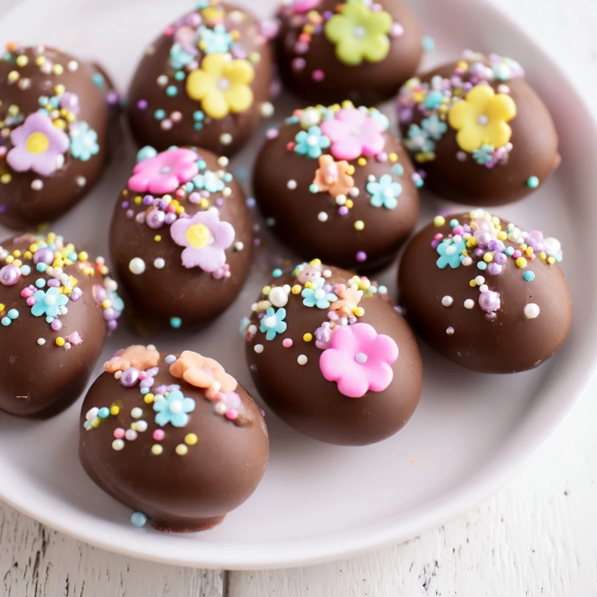 Festive display of Easter candy eggs, drizzled in chocolate and covered in sprinkles for dessert.