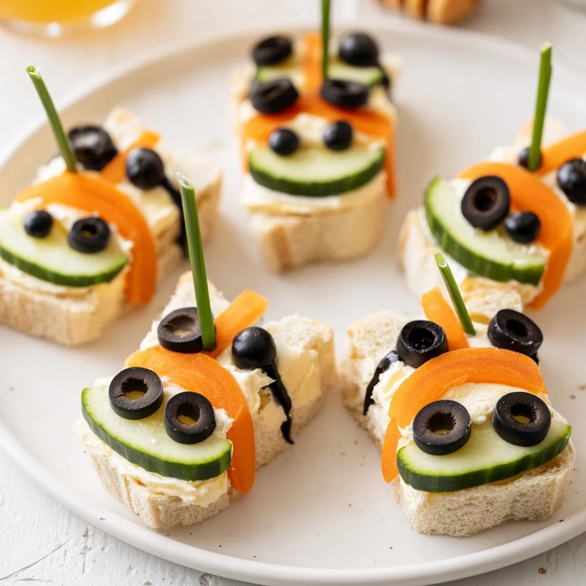 Bee-shaped sandwich bites, surrounded by fresh fruits, make a fun kids' party appetizer.