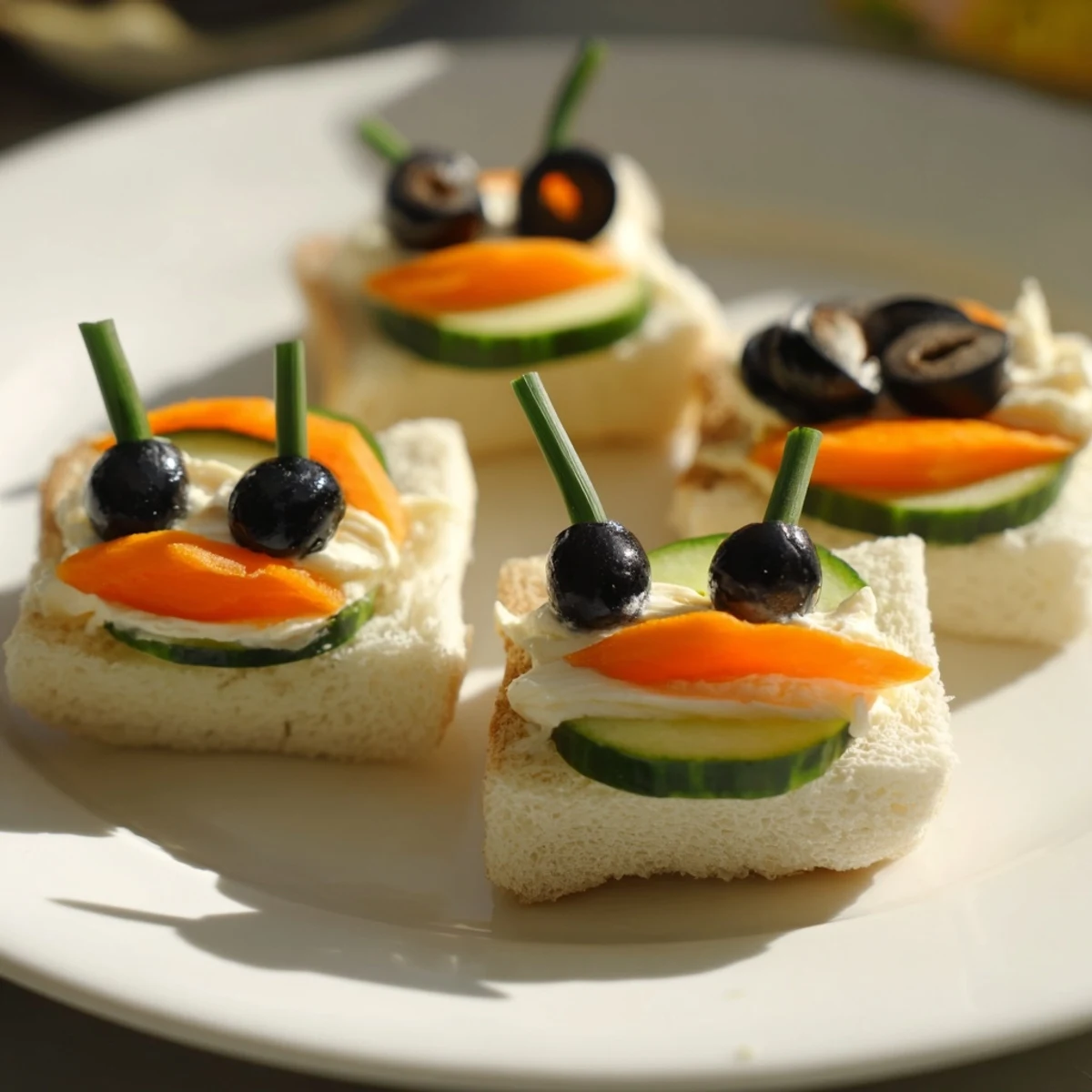 Cute Bee Sandwich Cutouts arranged beautifully on a serving board with colorful veggie sides.