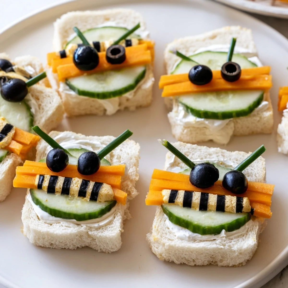 Bright board of Bee Sandwich cutouts alongside grapes, perfect for a picnic treat.