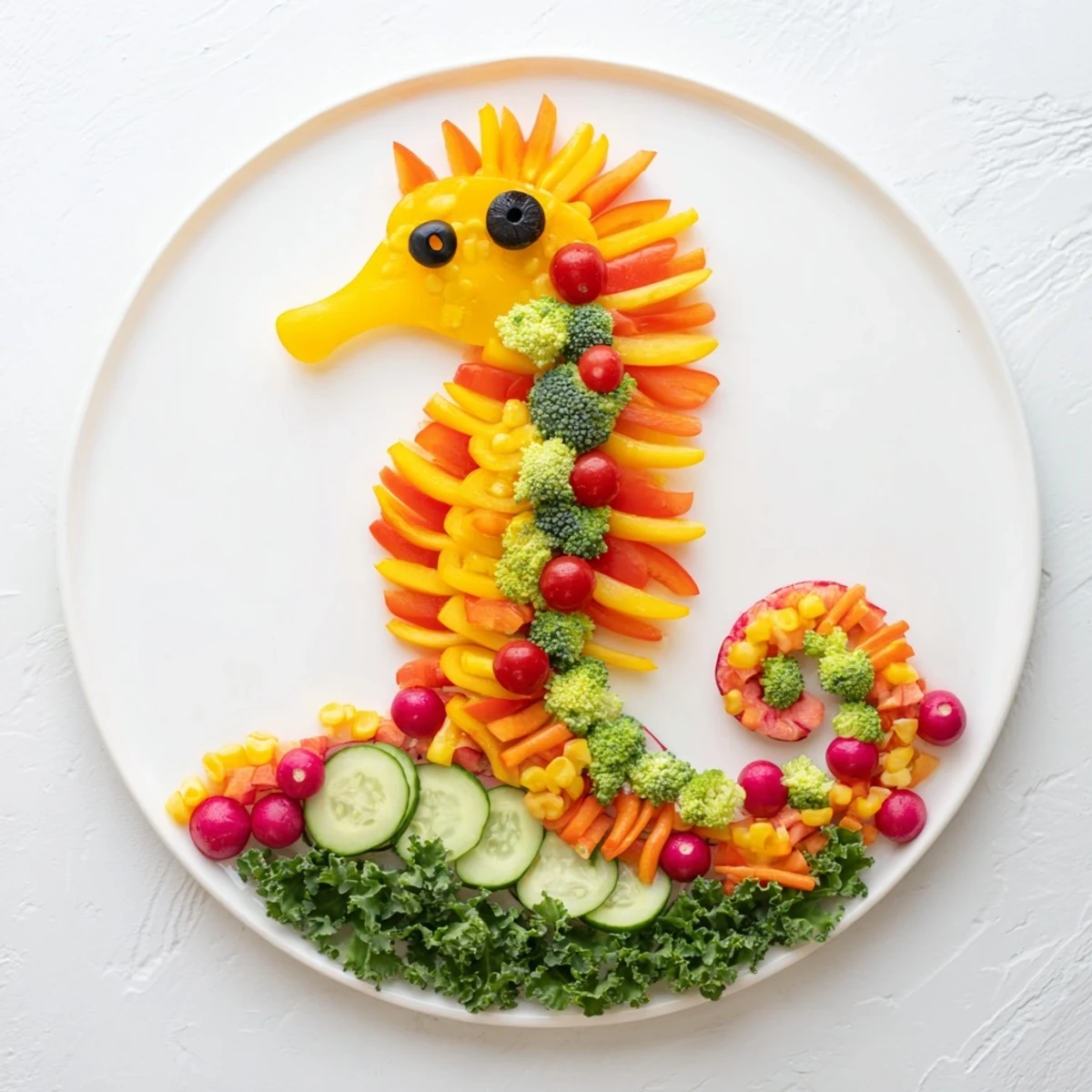 This Seahorse Veggie Dip Platter presents a creative and healthy party appetizer, featuring a rainbow of fresh veggies.