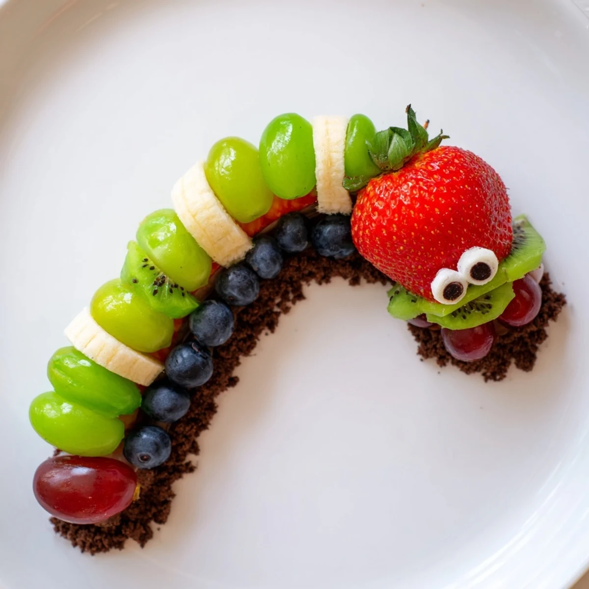 Vibrant Caterpillar Fruit Skewer Track, featuring colorful grapes and strawberries on a crumbly cookie path.