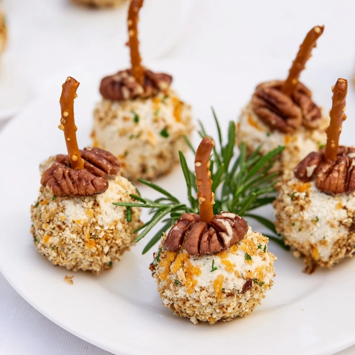 Appetizing fall savory acorn shaped cheese ball bites, coated in pecans, ready for a party.