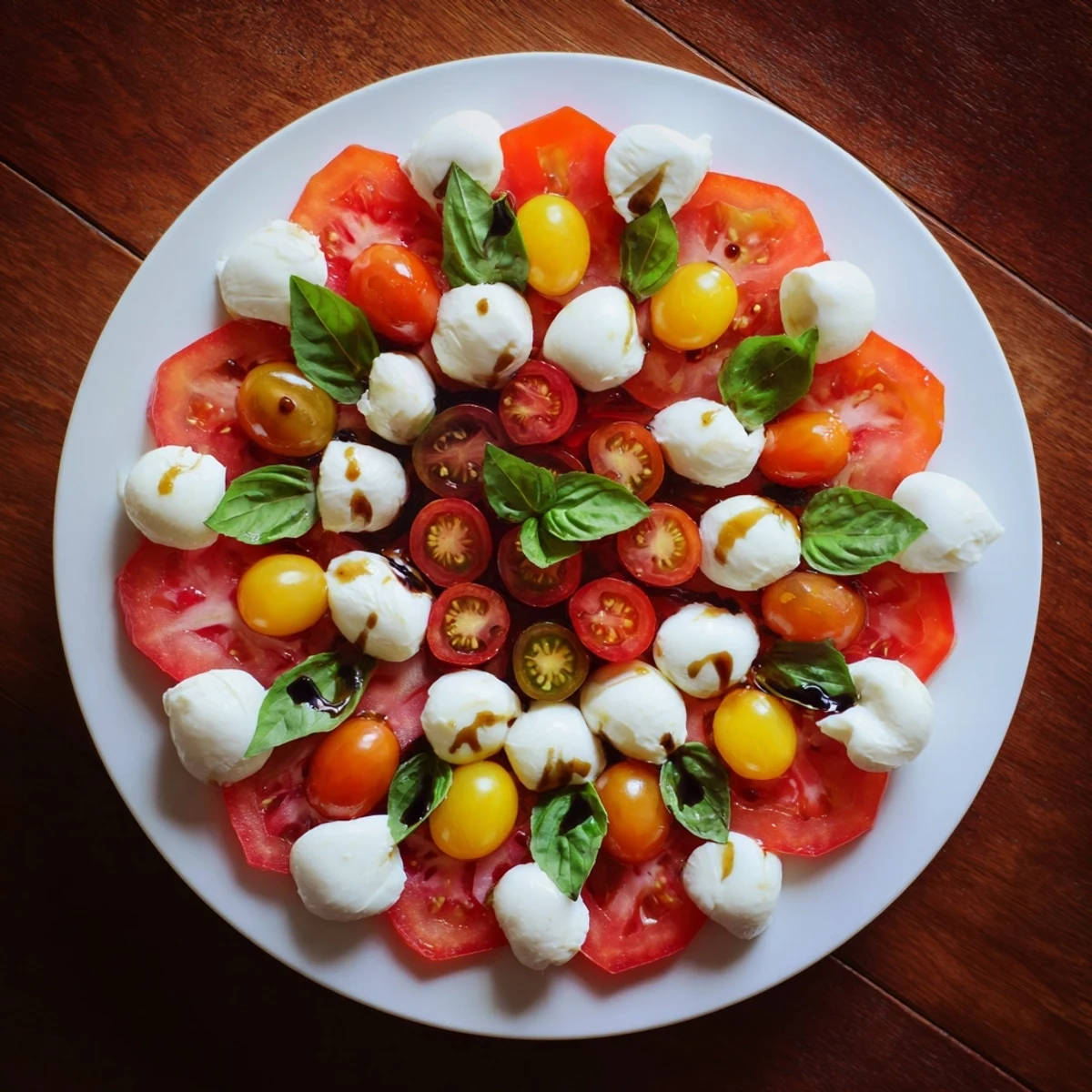 Vibrant Starfish Caprese Salad arrangement with juicy tomatoes, creamy mozzarella, drizzled olive oil, and basil.