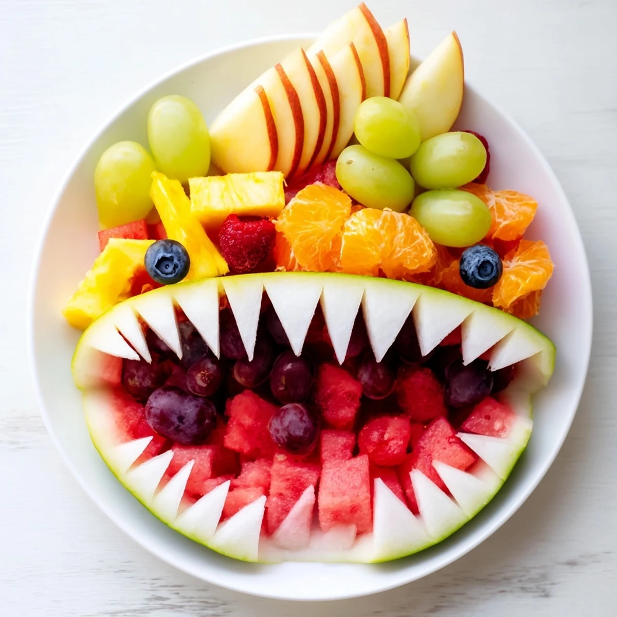 A vibrant Watermelon Shark Bite Board overflowing with fresh fruits is perfect for summer gatherings.