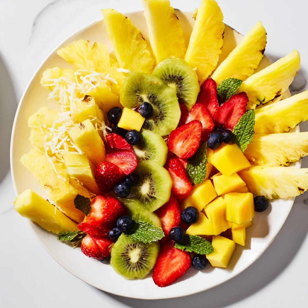 Bright Tropical Pineapple Sun Fruit Platter, bursting with juicy pineapple, vibrant mangoes and berries.