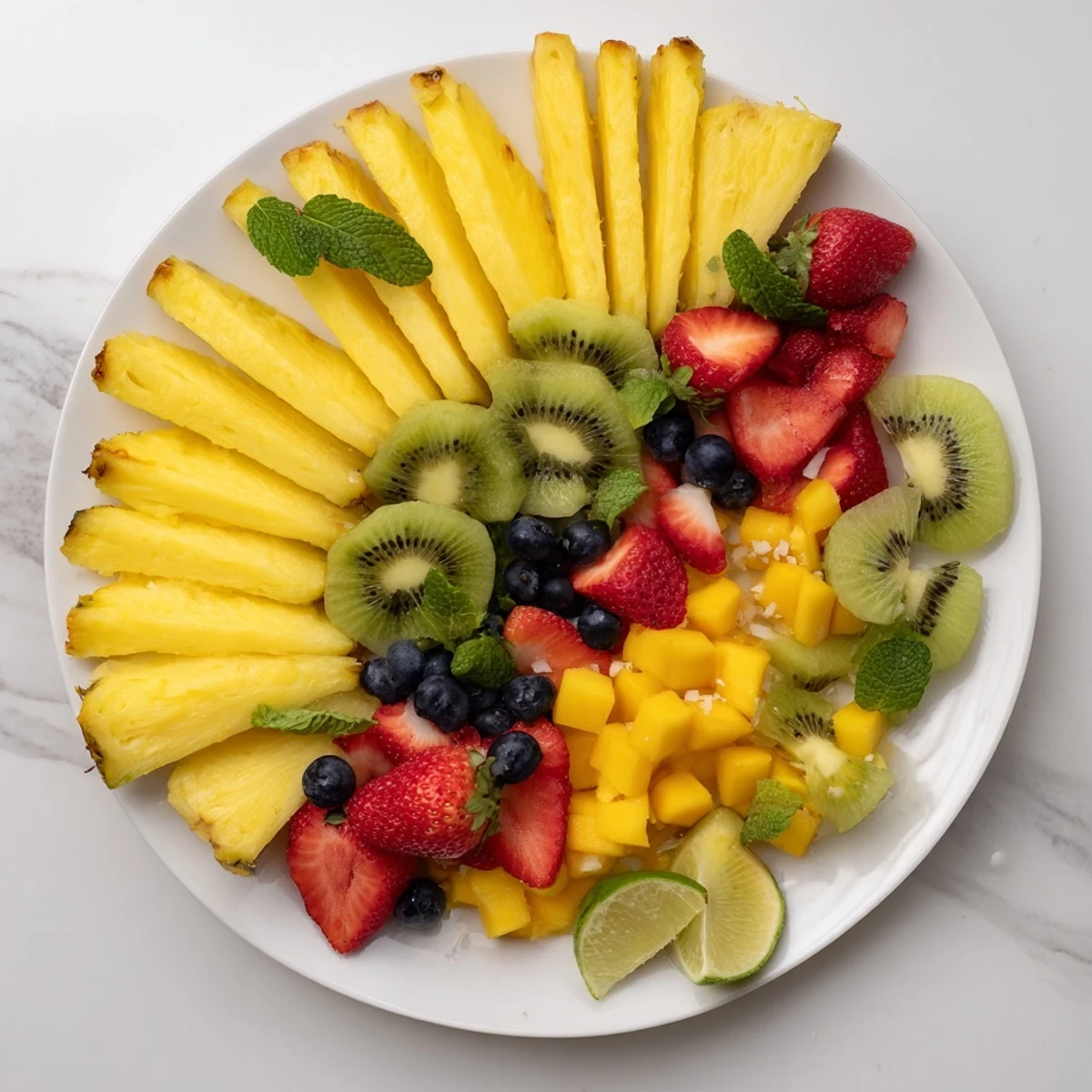 Gorgeous display of sliced Tropical Pineapple Sun Fruit Platter, drizzled with lime juice and coconut.