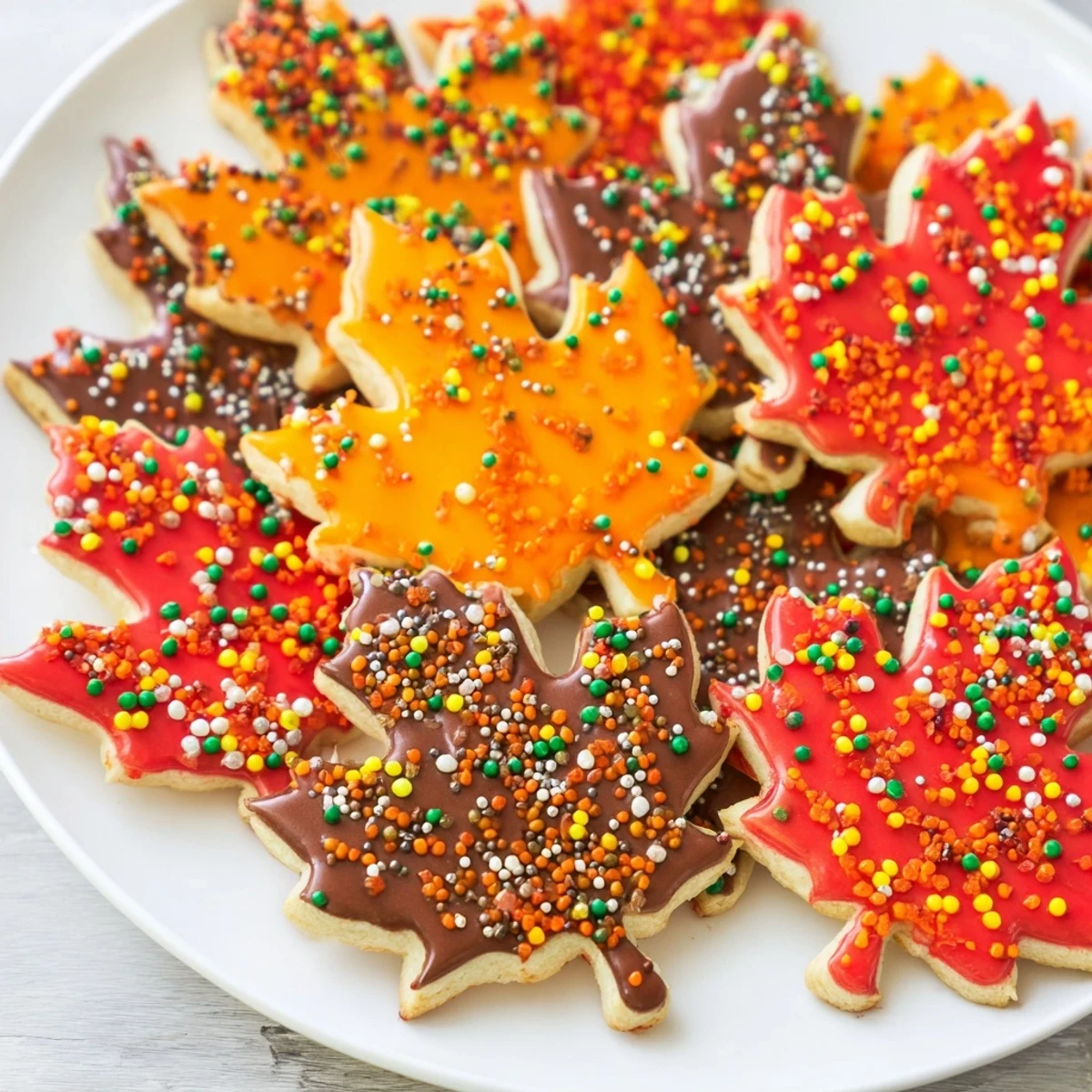 Crisp Maple Leaf Cookies decorated with autumn-colored icing and sprinkles ready to eat.