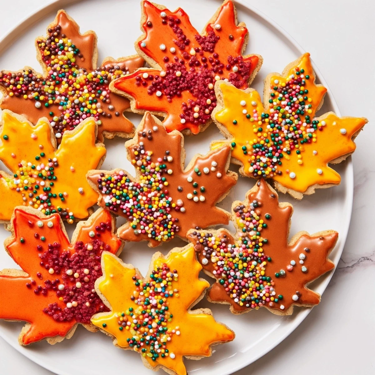 A close-up of beautifully decorated Maple Leaf Cookies, a sweet treat for the fall season.