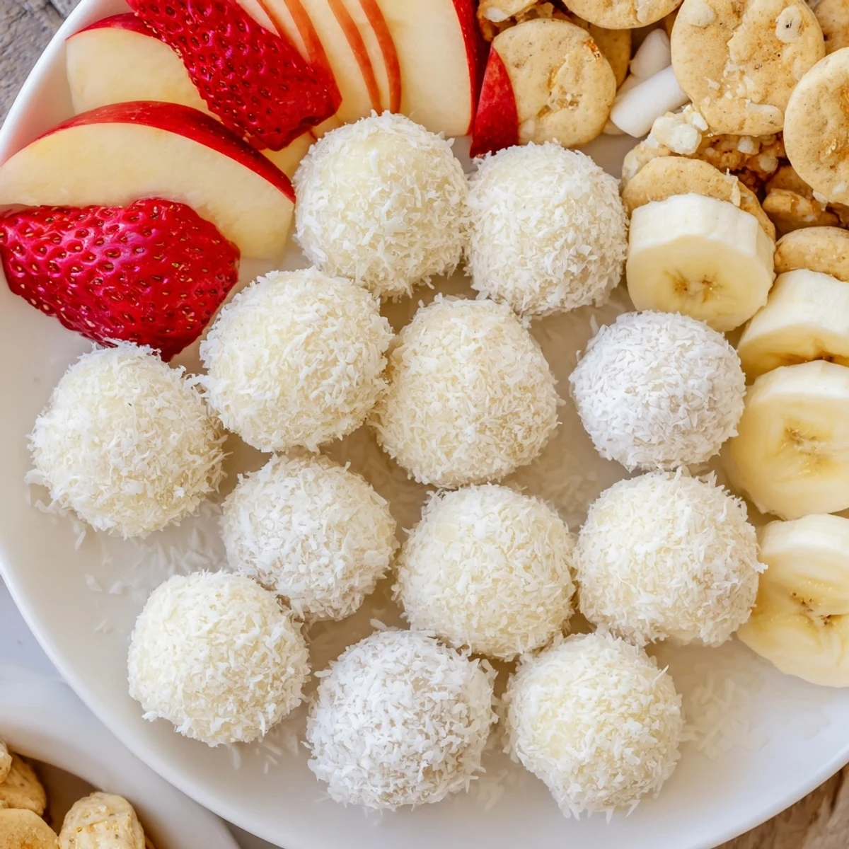 Creamy Marshmallow Snowball Dip Platter, served with fresh fruit and pretzels for dipping.