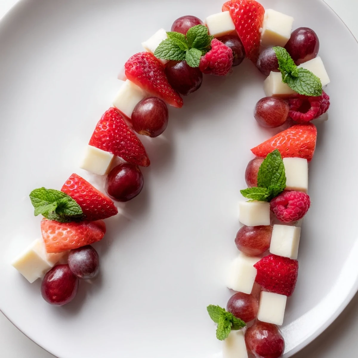 Vibrant Candy Cane Stripe Fruit and Cheese appetizer, perfect for holiday entertaining; fresh and delicious.