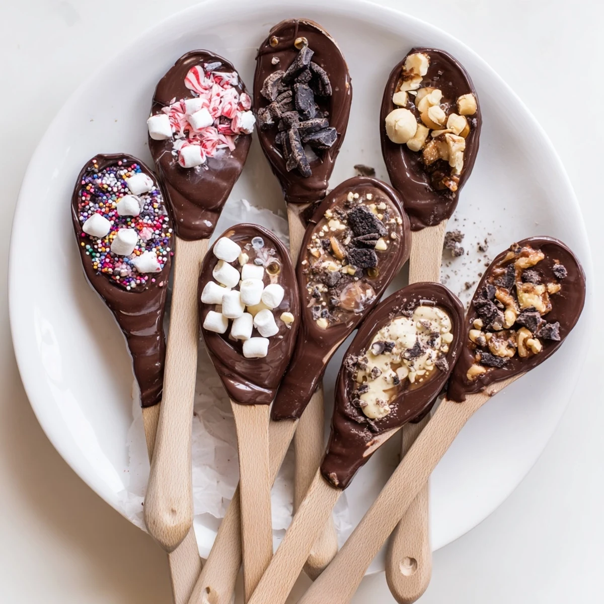 A festive Hot Chocolate Spoon Toppings Board with colorful, sweet, and crunchy toppings ready to stir.