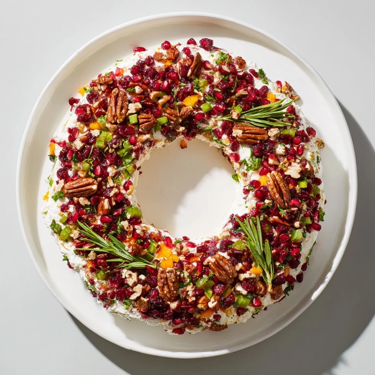 Appetizing close-up of a festive Cranberry Feta Dip Wreath, a vegetarian holiday appetizer centerpiece.