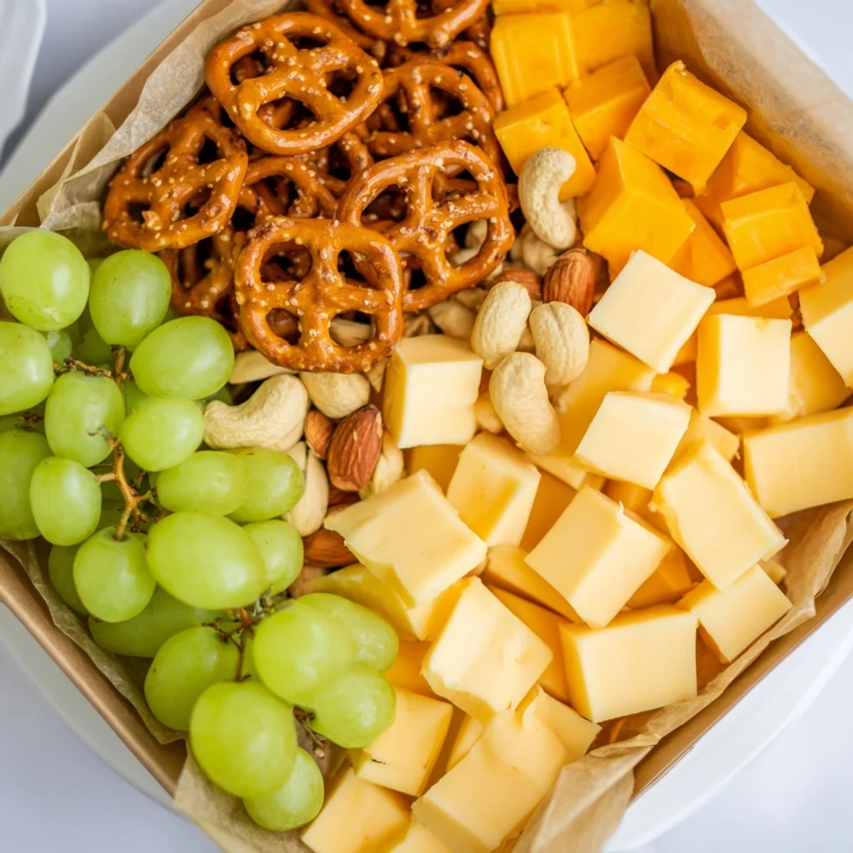 Delectable Stacked Christmas Gift Snack Tower with colorful candies and tempting savory bites.