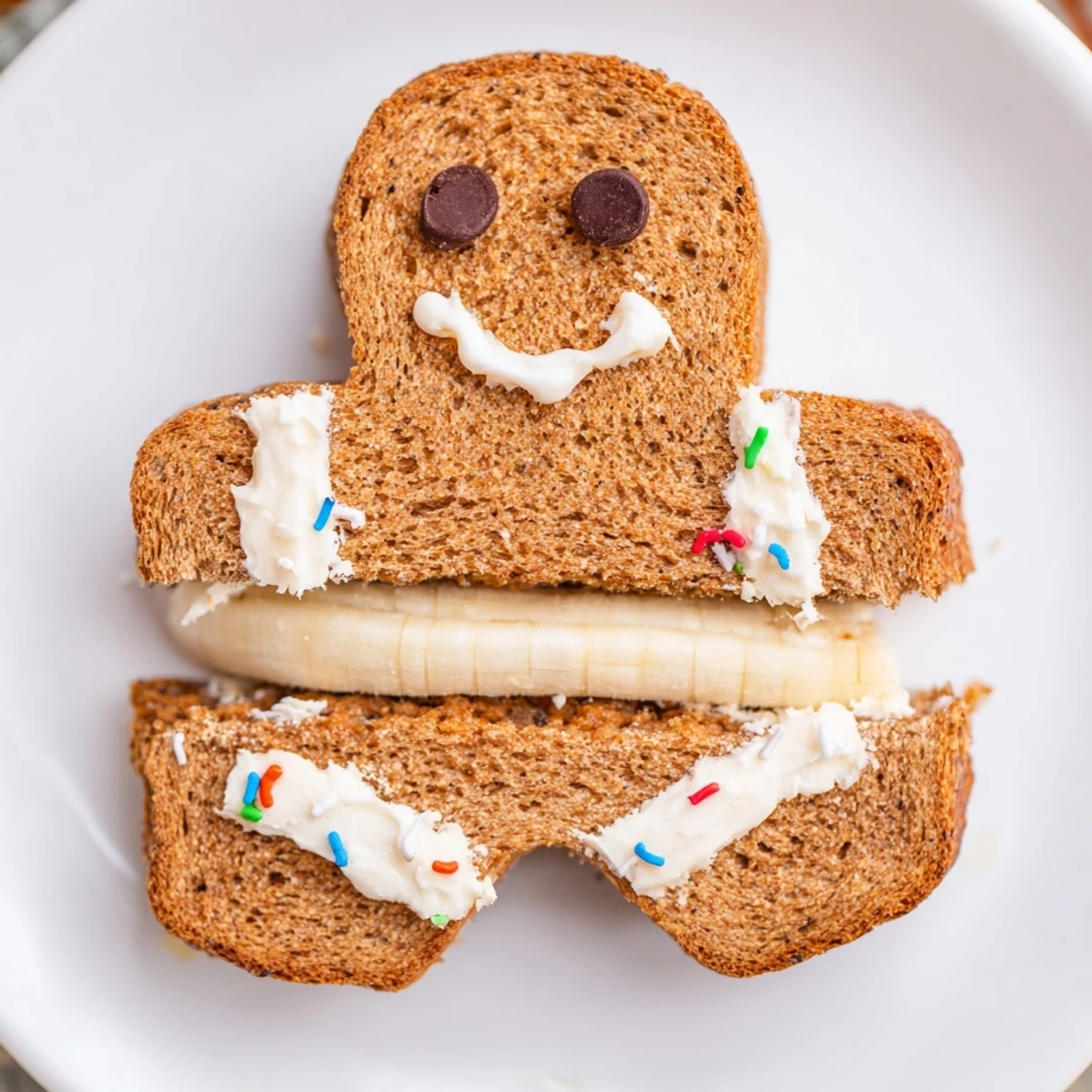 Gingerbread Man Sandwich cutouts decorated with happy faces, a fun and easy kids lunch.