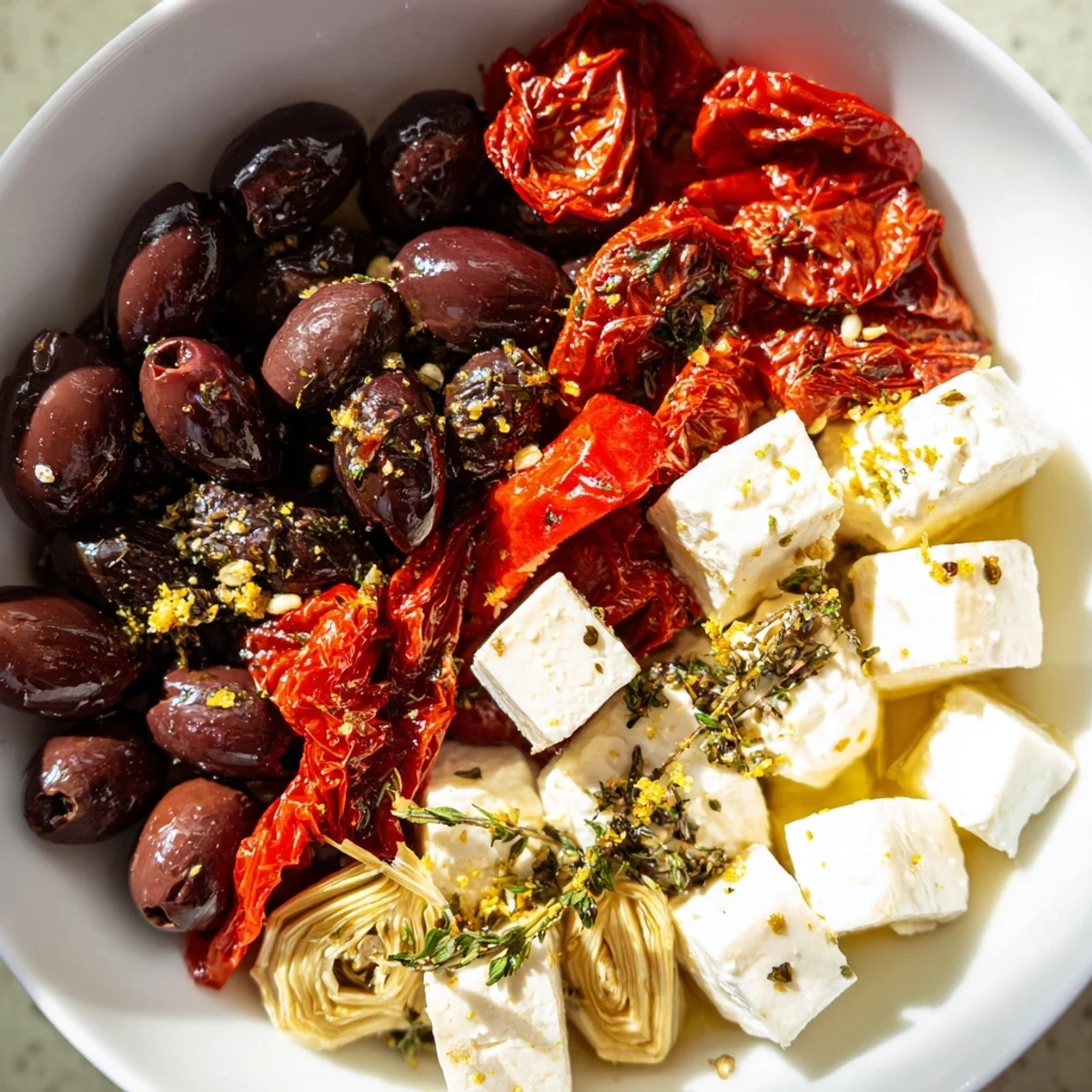 Close-up of a black olive and sun-dried tomato platter, showcasing colorful ingredients ready to serve.