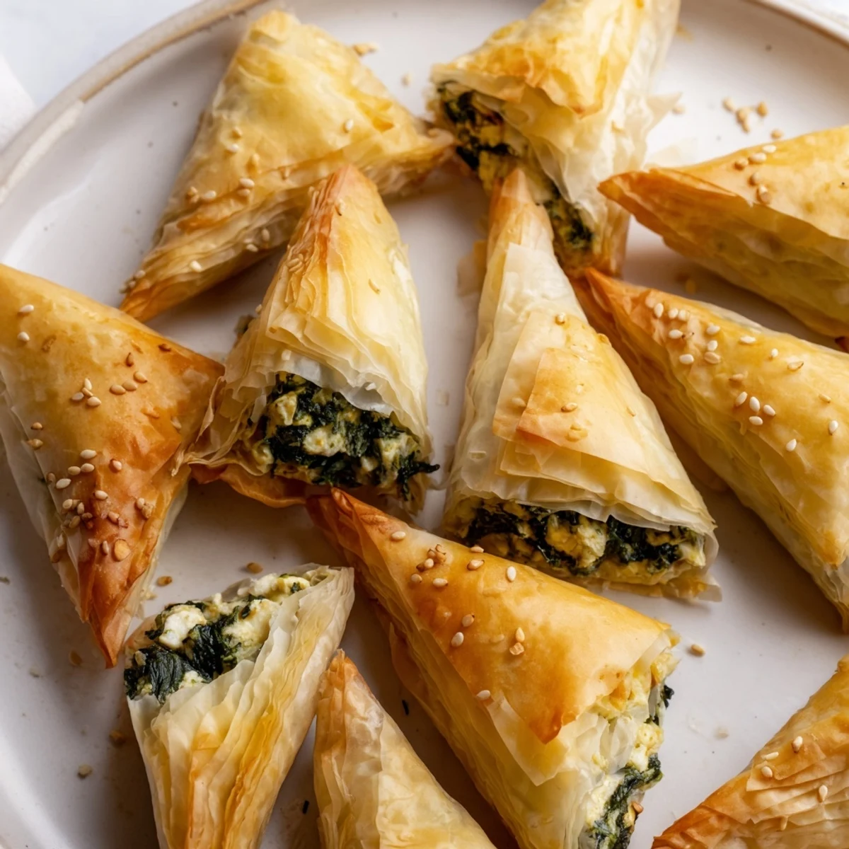 Golden, crispy Mini Spanakopita Triangle Cluster with a savory spinach and feta filling, ready to serve.
