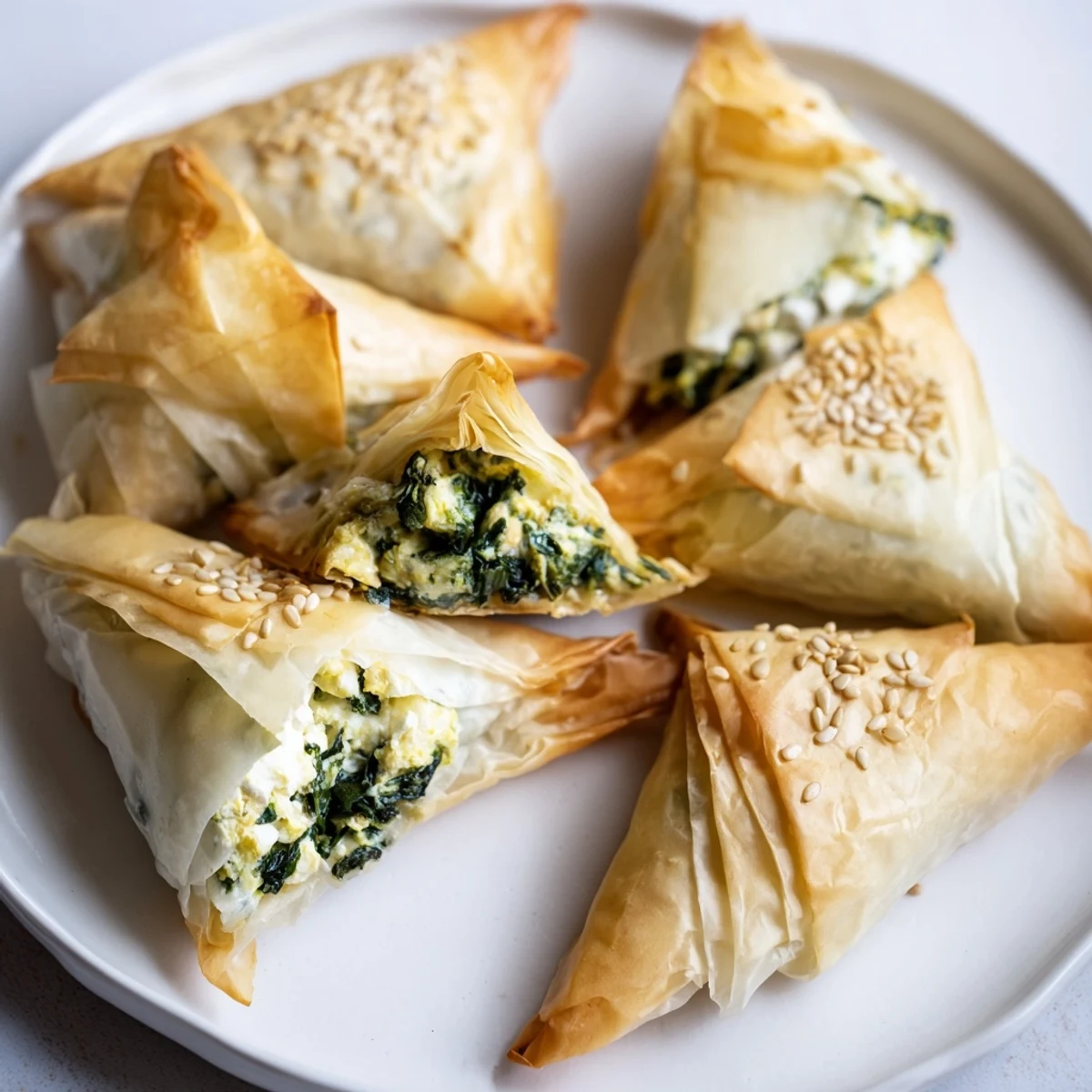 A close-up of the fully baked Mini Spanakopita Triangle Cluster, its flaky pastry browned to perfection.