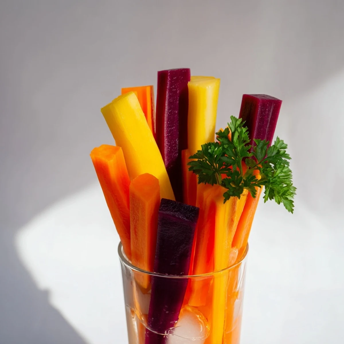 Vibrant Simple Crudités: Rainbow carrot sticks stand upright, chilled in elegant tall glasses for serving.