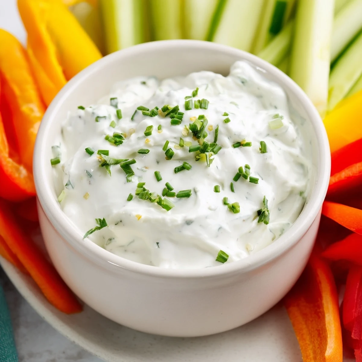 Freshly made Kids Dip, a chilled, creamy dip with crunchy vegetables arranged for dipping and fun.