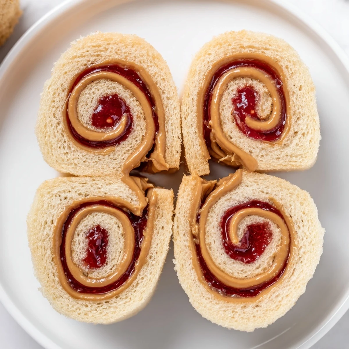 These simple sandwich: Quartered PB&J pinwheel rolls show off the vibrant layers of peanut butter and jelly.