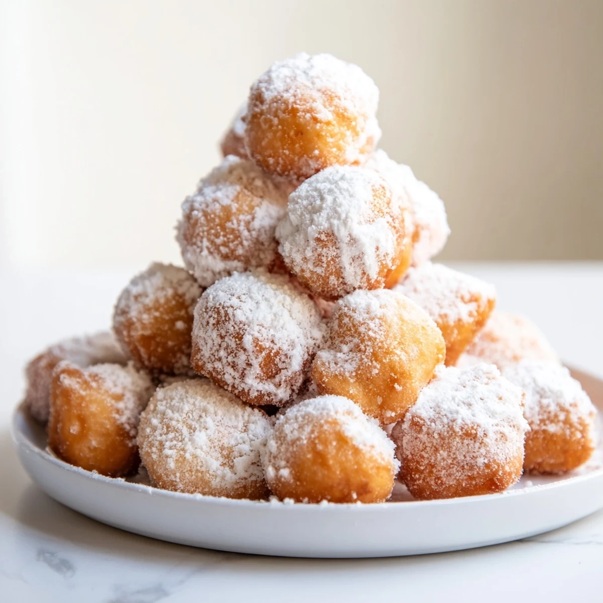 Powdered Donut Holes Mountain: A beautiful, sweet mountain of golden-brown donut holes, heavily dusted.