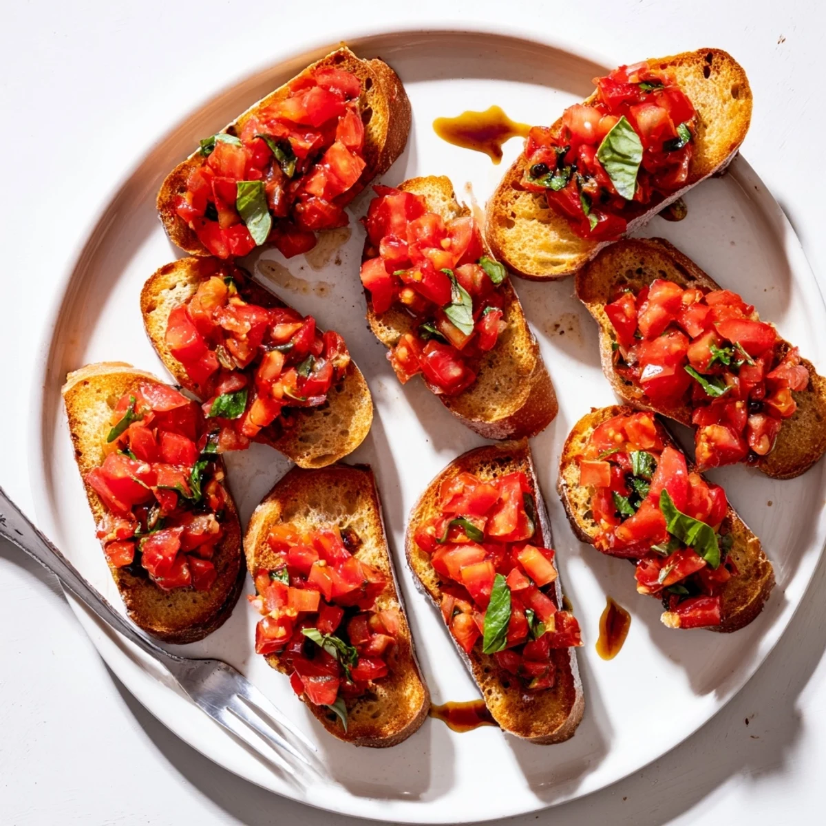 Fresh basil and juicy tomatoes adorn this flavorful bruschetta, a perfect Italian appetizer, ready to serve.