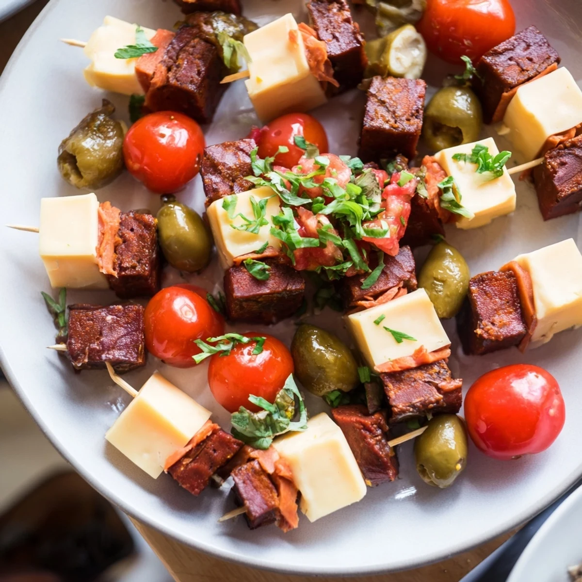 Savory Skewers: meat, cheese, and pickle cubes make a colorful and delicious appetizer platter for guests.