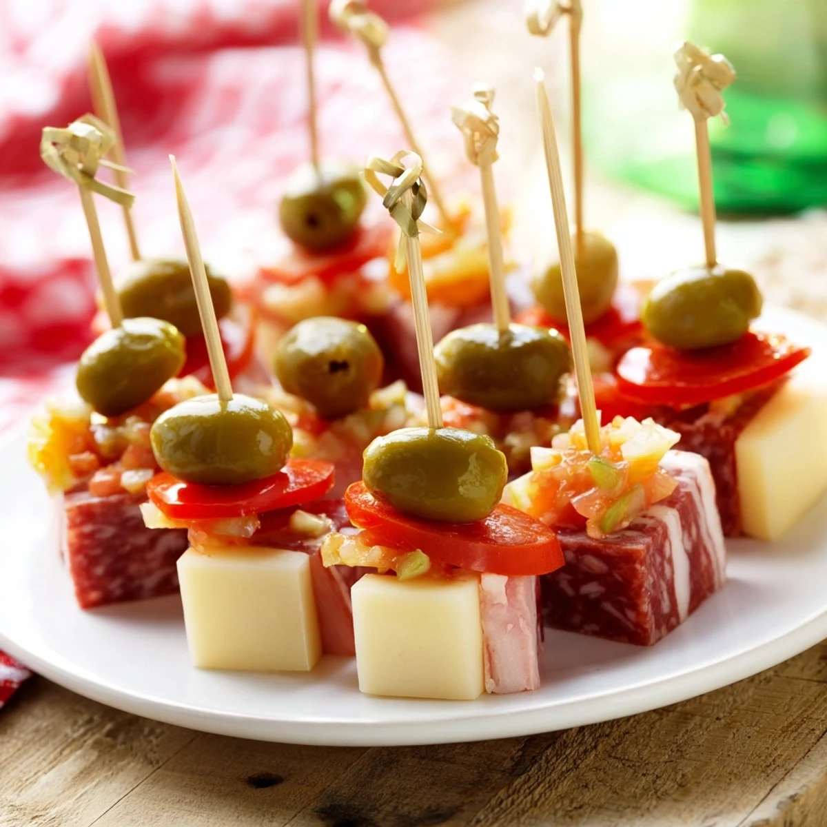 Close-up of Savory Skewers, each with a tasty combination of meat, cheese, pickle, and tomato ready to serve.