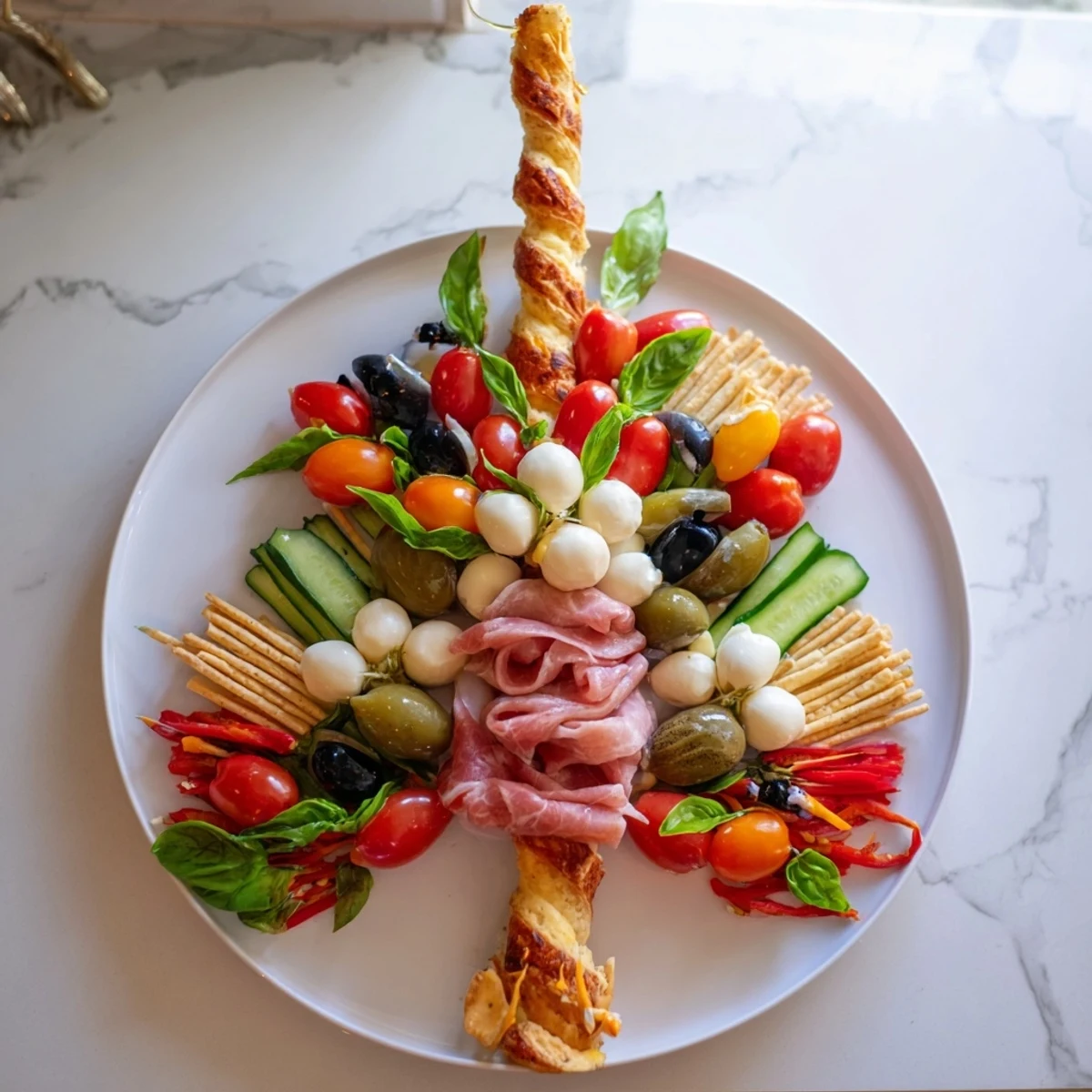 Fractal Tree Branching Bread Platter with cured meats and fresh veggies, a beautiful appetizer.