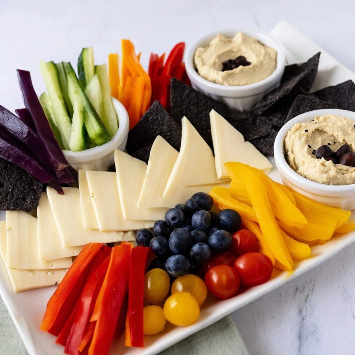 Vibrant zig-zag lightning strike platter: colorful veggie strips, cheeses, fruits and dips, perfect for appetizers.