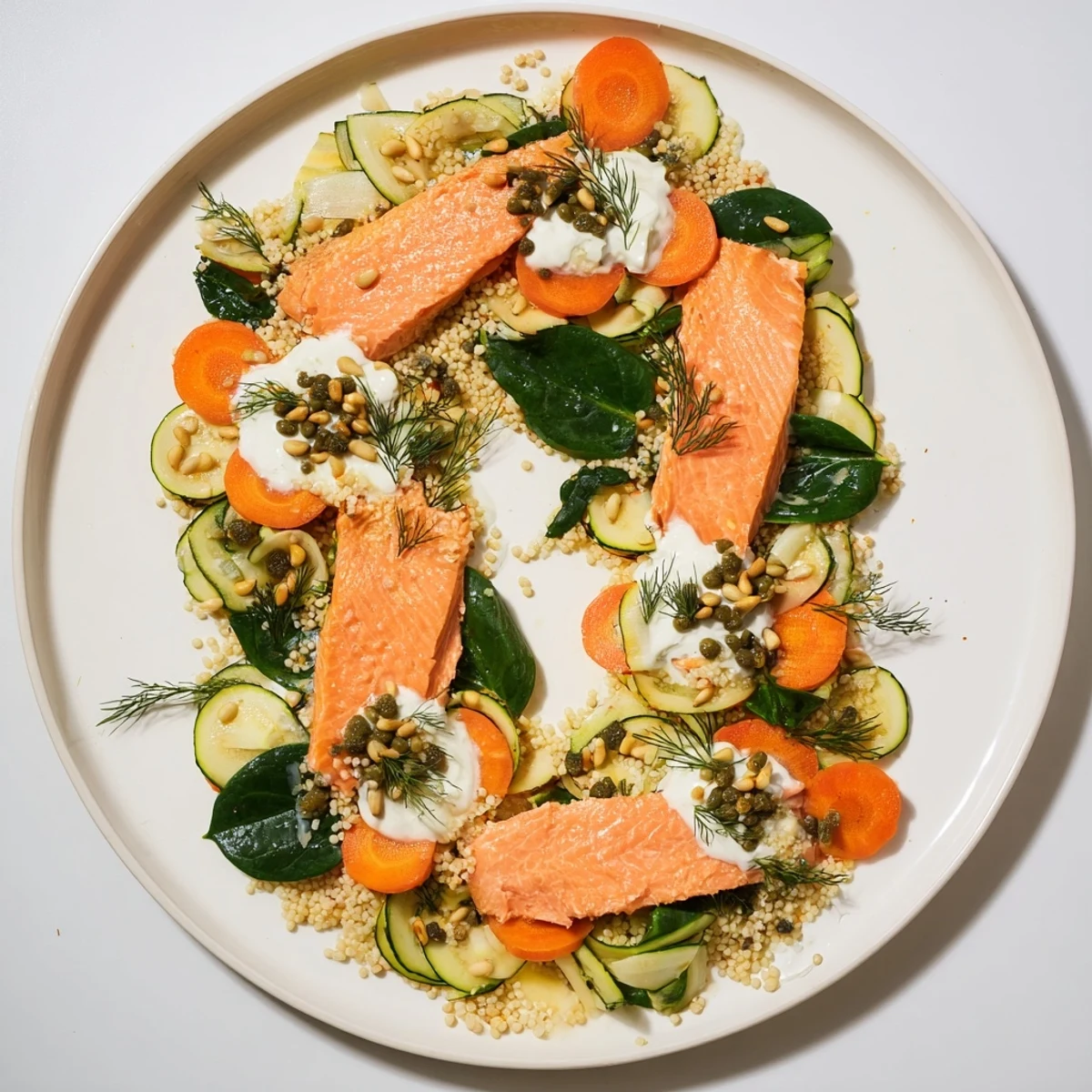 Luscious The Infinity Loop Flow featuring flaked salmon, couscous, and colorful vegetables, perfectly plated.