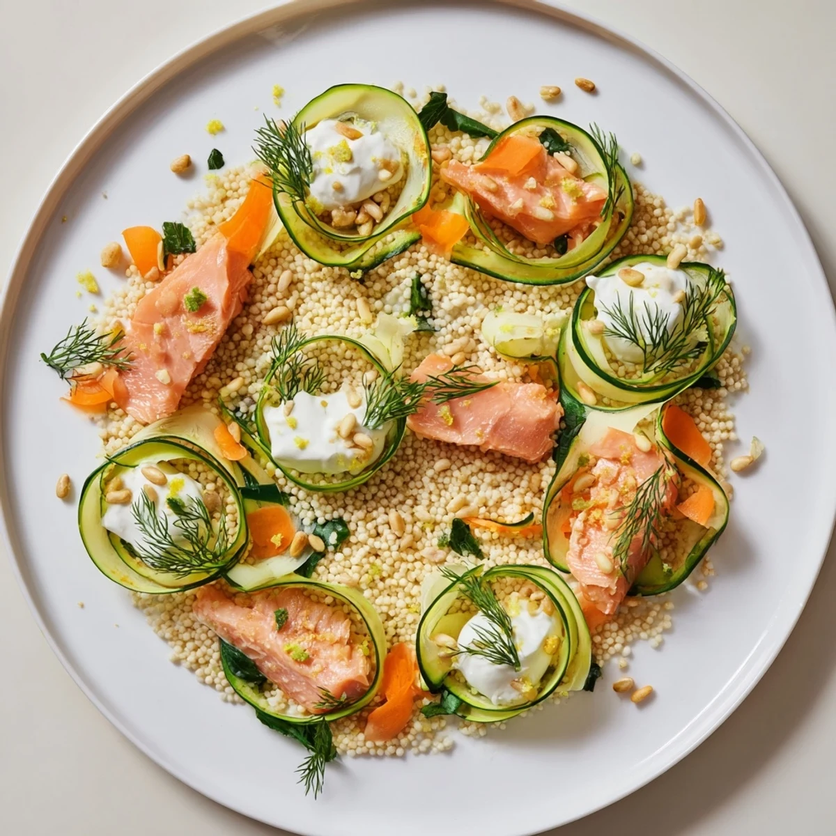 A beautiful serving of The Infinity Loop Flow; flavorful salmon and textures in every delicious bite.