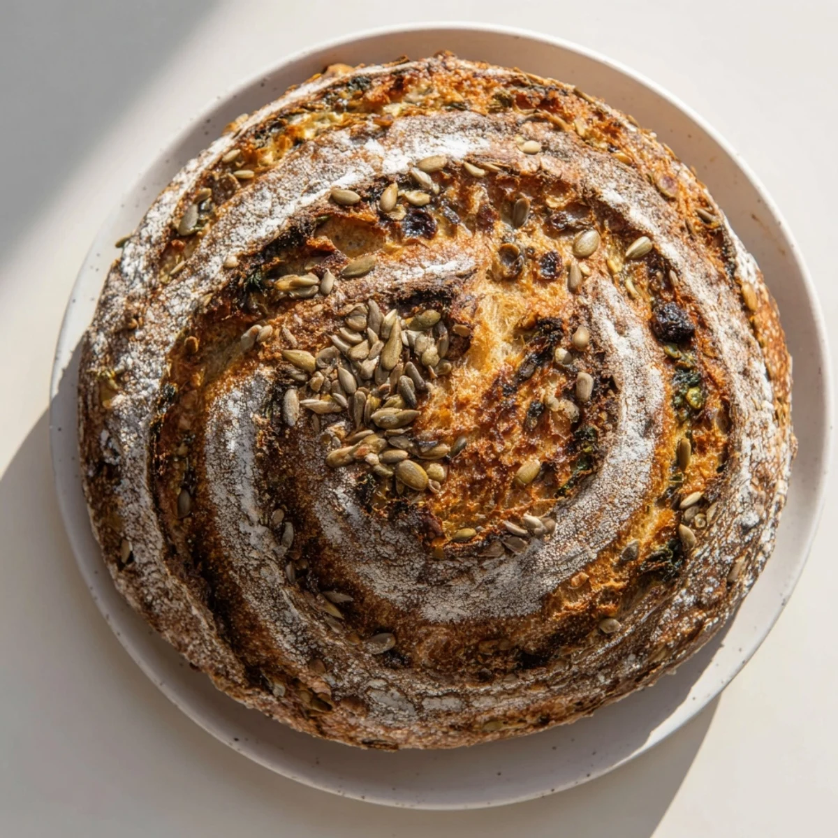 Crusty, golden Fibonacci Spiral Growth Bread with visible seeds and vegetables, ready to serve.