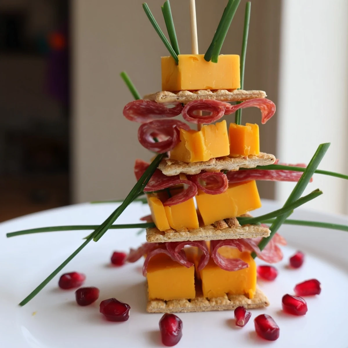 Delicious Layered Urban Skyline appetizer; crackers, cheese, and meats artfully arranged for viewing.