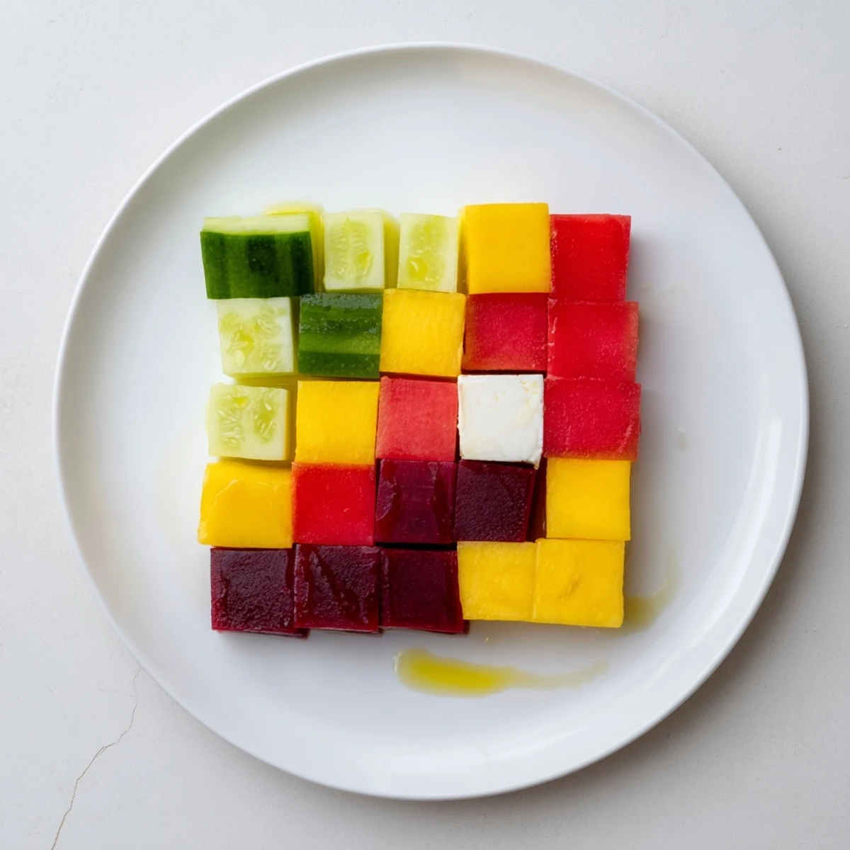 Cube Geometry Study salad arranged in a colorful, geometric grid, ready to be drizzled with lemon dressing.